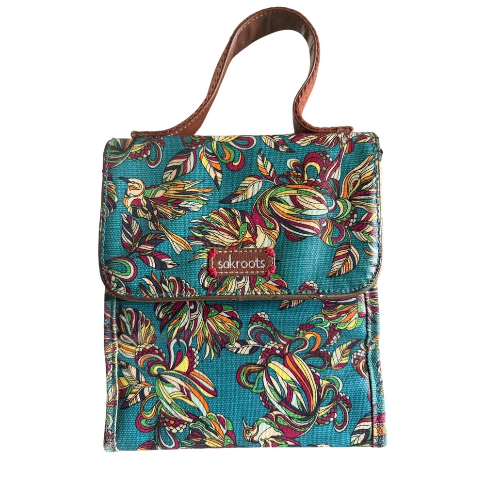 Sakroots Insulated Lunch Bag Teal Bird Floral Coated Canvas Boho Accessory